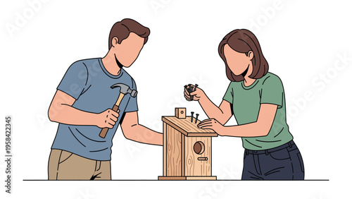 Crafting a Home: A couple collaborating on a birdhouse, the image highlights the joy of handmade projects and the beauty of working together.