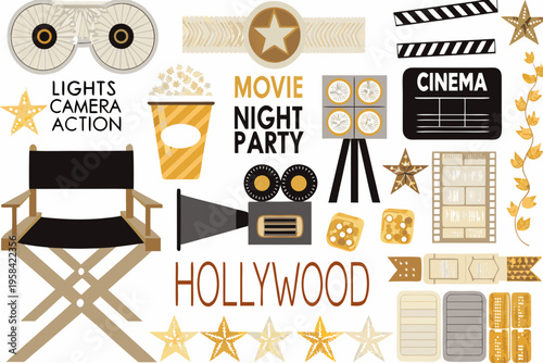 Colorful illustration of cinema elements including film reel stars and director s chair