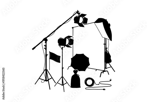 Collection of professional photography lighting equipment and accessories