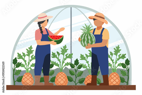 Two farmers display a watermelon and pineapple inside a greenhouse setting