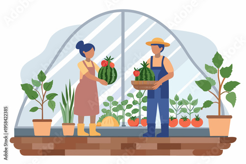 Couple harvesting fresh produce inside a vibrant greenhouse setting