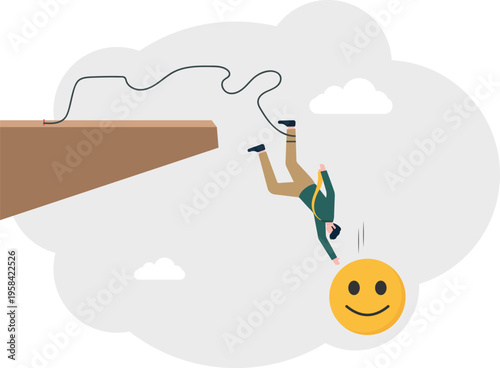 Professional man bungee jumping from a cliff to catch a happy emoticon representing customer joy
