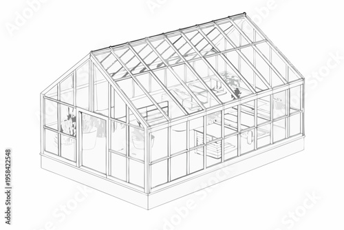 Architectural rendering of a transparent greenhouse with interior details