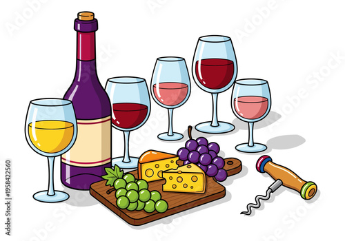 A delightful spread of wine, cheese, and grapes with a corkscrew ready for opening