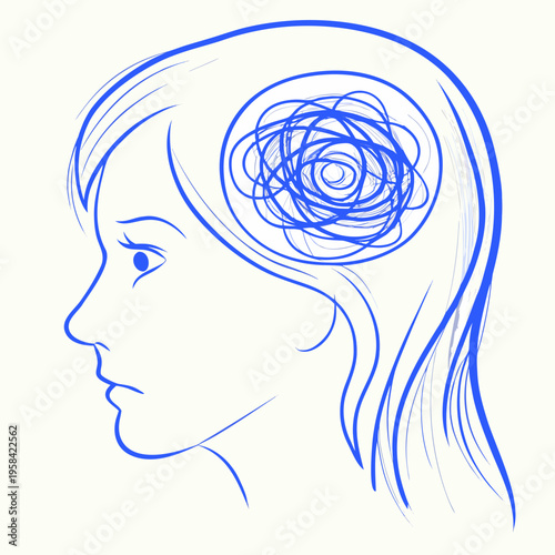 A woman s profile with a swirling chaotic pattern inside her head