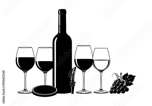 Elegant wine bottle and glasses with grapes and accessories for tasting