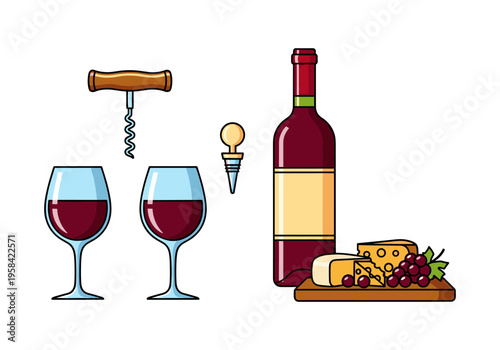 Red wine bottle with glasses, cheese, grapes, and corkscrew