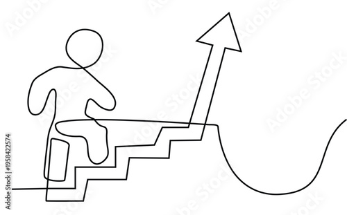 Minimalist Continuous Line Illustration of Ambitious Person Climbing Staircase with Upward Arrow Representing Career Growth Progress and Success