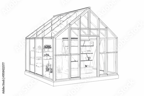 Line drawing of a modern greenhouse with plants and shelving inside