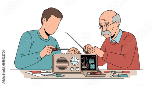 Radio Repairing Together: A heartwarming scene unfolds as a young man and an elderly gentleman collaborate on repairing an old radio, fostering a sense of shared interest and connection.