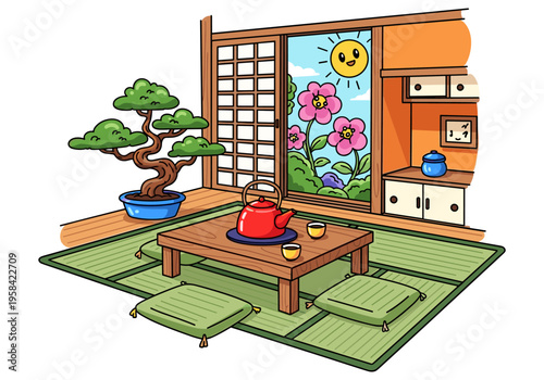 Cozy Japanese room with bonsai tree and tea set overlooking a sunny garden
