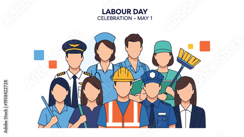 Labor Day Appreciation: Illustration featuring a diverse group of essential workers, symbolizing appreciation for labor day, standing together in solidarity and unity.