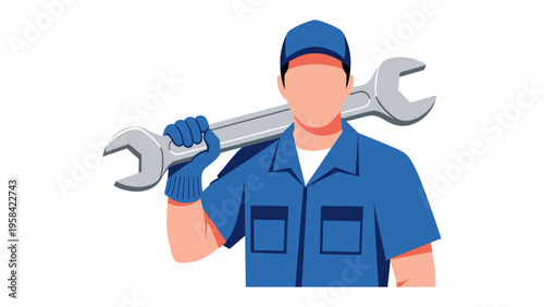 Mechanic Ready for Duty: A dedicated mechanic stands ready with a large wrench, signifying reliability and precision in technical service.