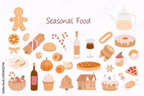 A festive collection of seasonal food and treats in warm tones