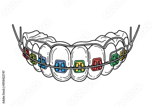Close-up illustration of colorful braces on white teeth, showing orthodontic treatment progress