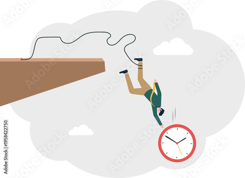 Businessman bungee jumping from a cliff to catch a clock representing time management risk