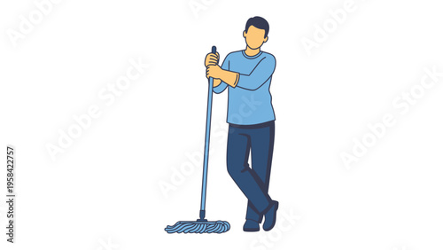  Man Posing with a Mop: A man stands confidently with a mop, capturing everyday moments of domestic life, ready to tackle any cleaning challenge.