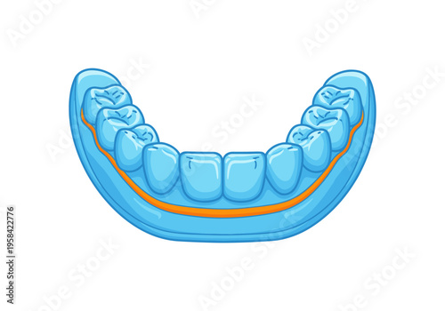 Stylized illustration of a healthy human lower jaw with blue teeth and gums