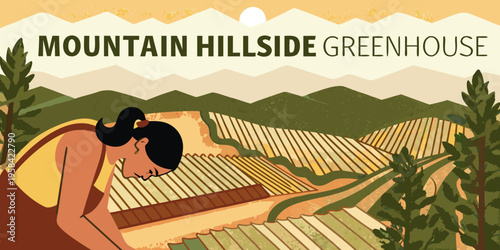 Illustration of a woman tending to crops near a mountain greenhouse