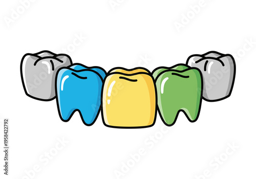 Colorful cartoon teeth crowns arranged in a row for dental care illustration