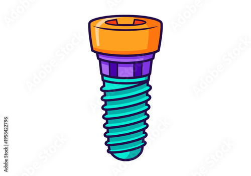 Cartoon dental implant with vibrant colors and clear screw threads