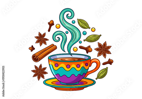 Colorful cup of chai tea with aromatic spices and swirling steam