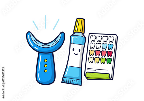Cute cartoon dental whitening kit with toothpaste and shade guide