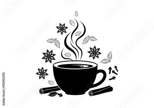 Steaming cup of spiced chai tea with aromatic ingredients floating around