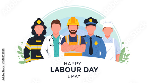 Labor Day Tribute: A diverse group of essential workers stand united, symbolizing the backbone of society and the contributions of laborers everywhere.
