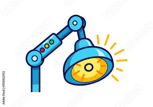 Artistic illustration of a blue articulated desk lamp with a bright yellow light source