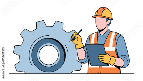 Engineer at Work: A diligent engineer, meticulously examining a large gear, symbolizing precision, expertise, and commitment in industry and engineering.