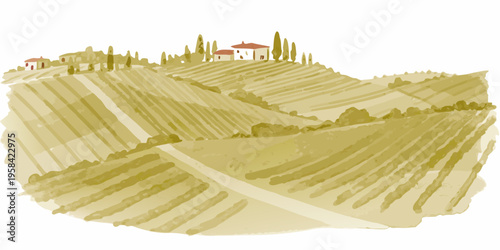 Watercolor painting of a tuscan landscape with rolling hills and farmhouses