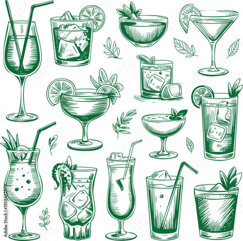 A collection of refreshing green outline cocktails and various drinks with fruits and ice