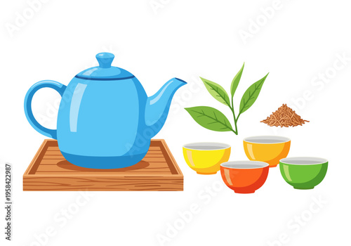 Blue teapot with tea leaves and colorful cups for a tea ceremony