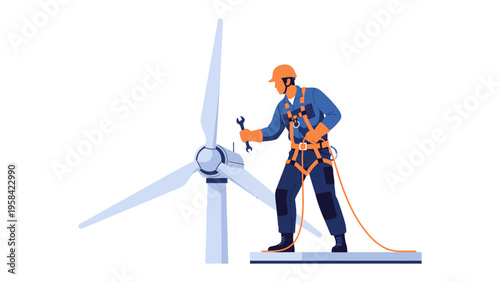 Wind Turbine Maintenance: A dedicated worker meticulously inspects and maintains a wind turbine, symbolizing the vital role of renewable energy and sustainable practices in shaping a cleaner future.