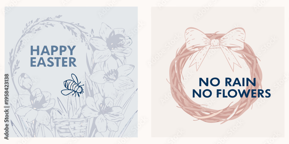 Naklejka premium Two spring themed illustrations easter greetings and a floral wreath