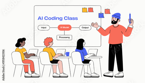 Senior Man Teaching AI Coding Class Simple 2D Vector Illustration of Elderly Professor Explaining Artificial Intelligence Algorithms