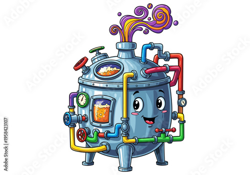 Cute cartoon brewing machine with happy face and colorful pipes