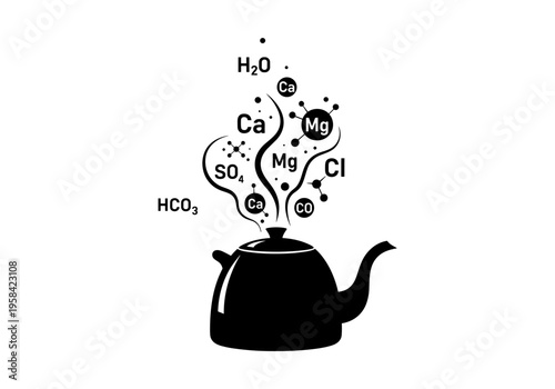 Boiling kettle releasing steam with chemical formulas of minerals and water