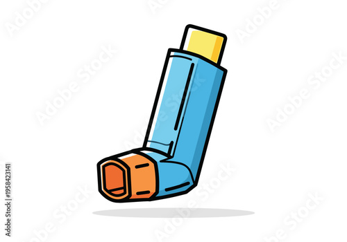 Cartoon blue inhaler device for asthma relief on a white background