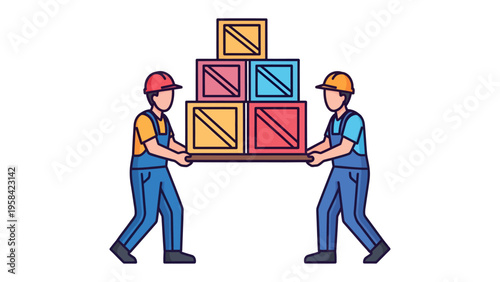 Logistical Harmony: Two dedicated workers expertly maneuver a collection of wooden crates, showcasing a synchronized effort in a storage or distribution scenario. 