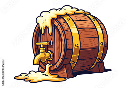 Wooden beer barrel with golden tap and overflowing foamy beverage