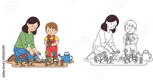 Mother and son planting flowers in the garden vector illustration set with a black and white coloring book page version for kids education and creative hobby activity
