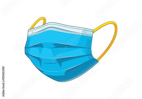Blue surgical face mask with yellow ear loops on a white background