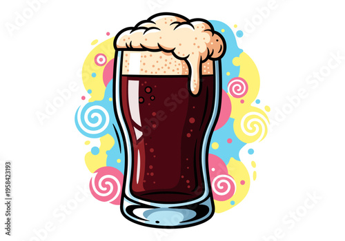 Refreshing dark beer with foamy head in a tall glass, vibrant background