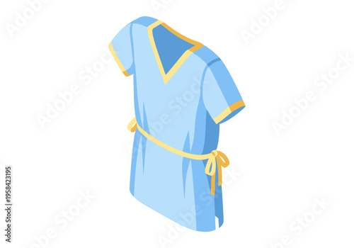 Simple light blue tunic with yellow trim and belt, isolated on white background