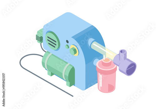 Isometric illustration of a medical nebulizer machine for respiratory treatment
