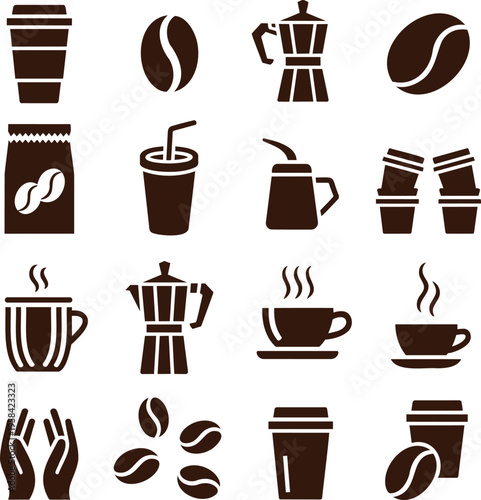 A comprehensive collection of coffee related brown silhouette icons on a clean white background