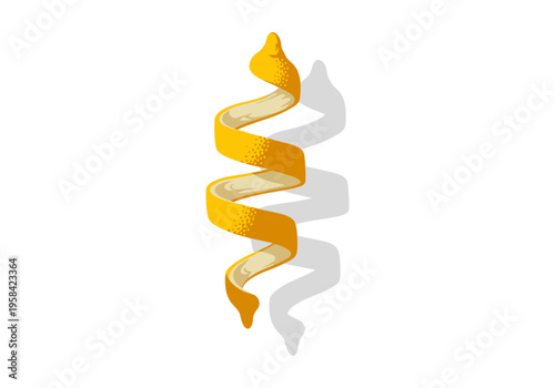 Single spiral lemon peel with shadow on white background
