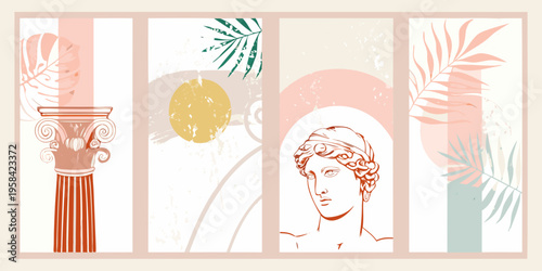 Abstract art featuring classical elements botanical shapes and muted tones